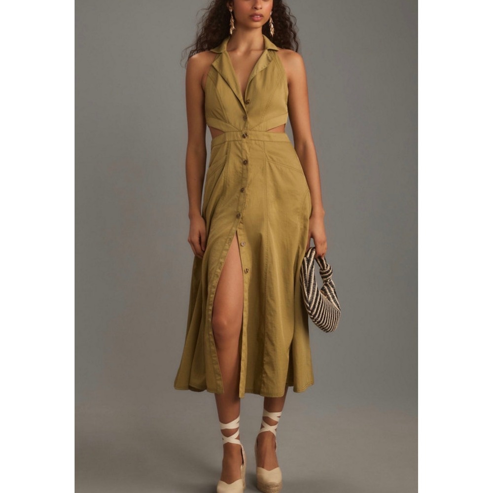 Pilcro and the Letterpress Halter Plunge Olive Green Utility Midi Dress Sz 12